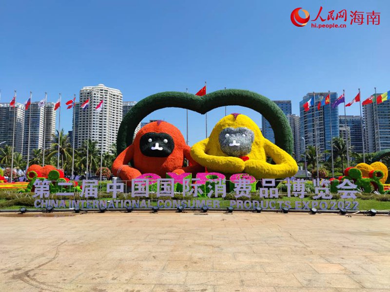 吉祥物海南長(zhǎng)臂猿“元元”“宵宵”再次以可愛(ài)的形象出現(xiàn)在消博會(huì)現(xiàn)場(chǎng)。人民網(wǎng) 劉瀚濤攝