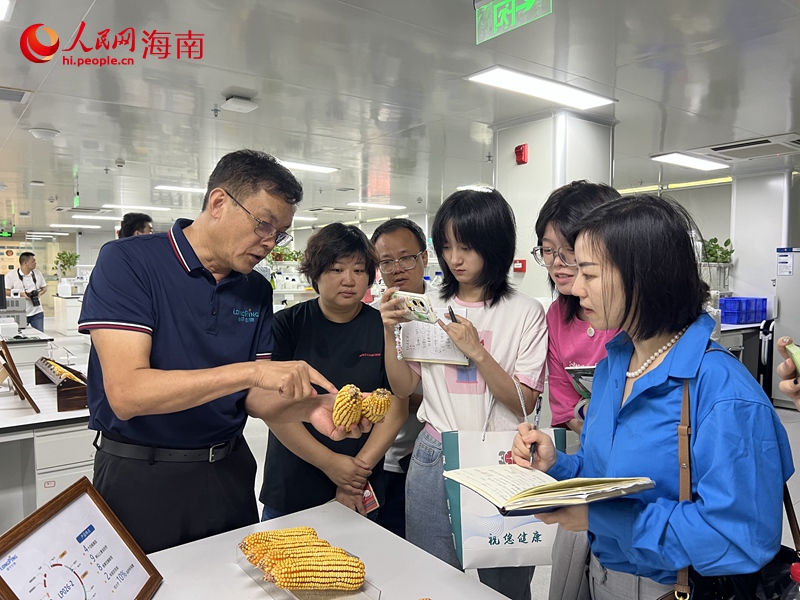 隆平生物技術(shù)（海南）有限公司總經(jīng)理呂玉平(左一)介紹該公司玉米育種情況。人民網(wǎng)記者 李學(xué)山攝