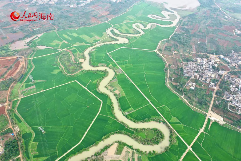 從空中俯瞰，溪流河道宛如一條巨龍沉睡在翠綠的地毯上。人民網(wǎng) 吳占桂攝